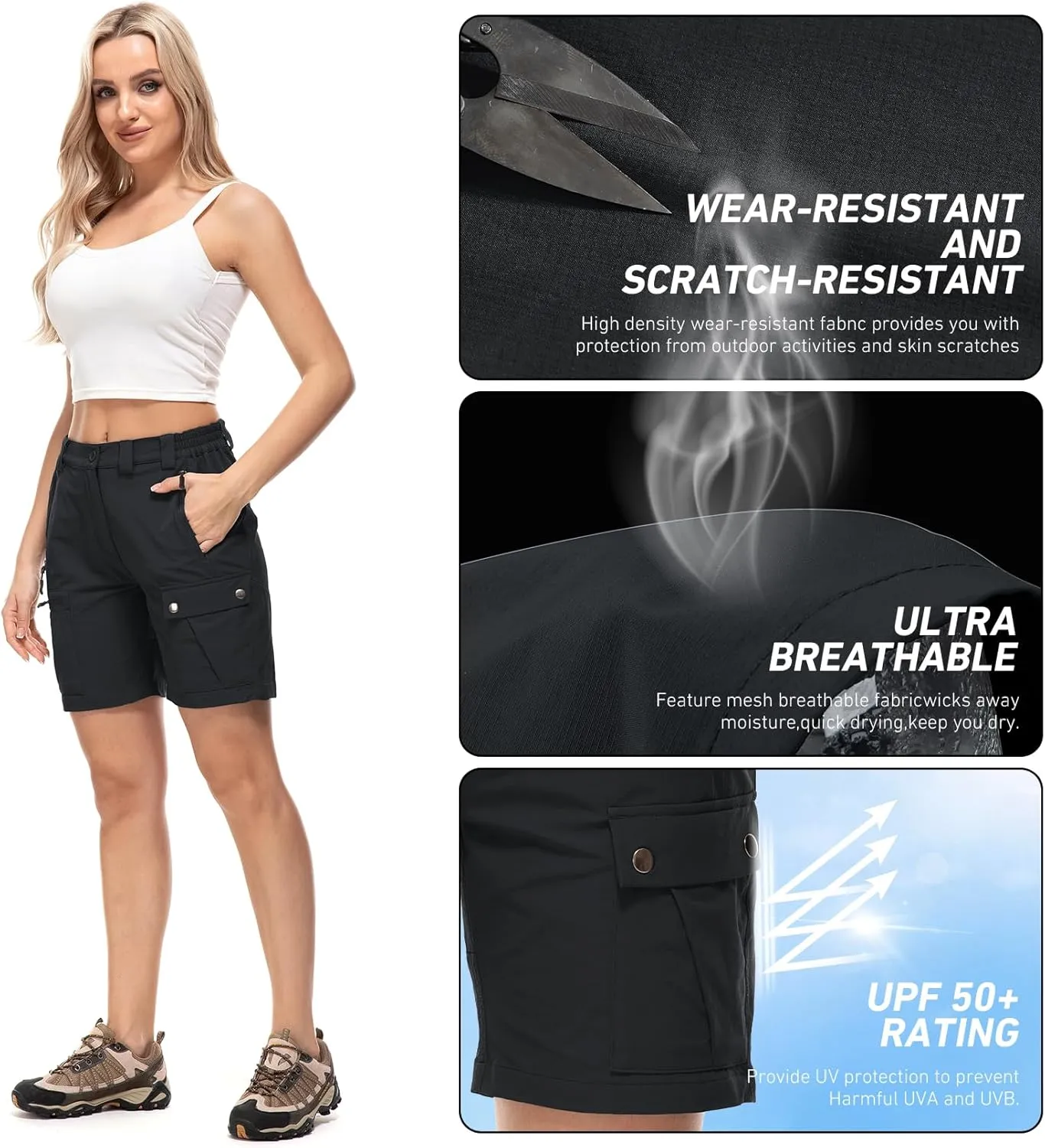 Jessie Kidden Womens Stretch Cargo Hiking Shorts Quick Dry Elastic Waist 7" Casual Shorts for Women