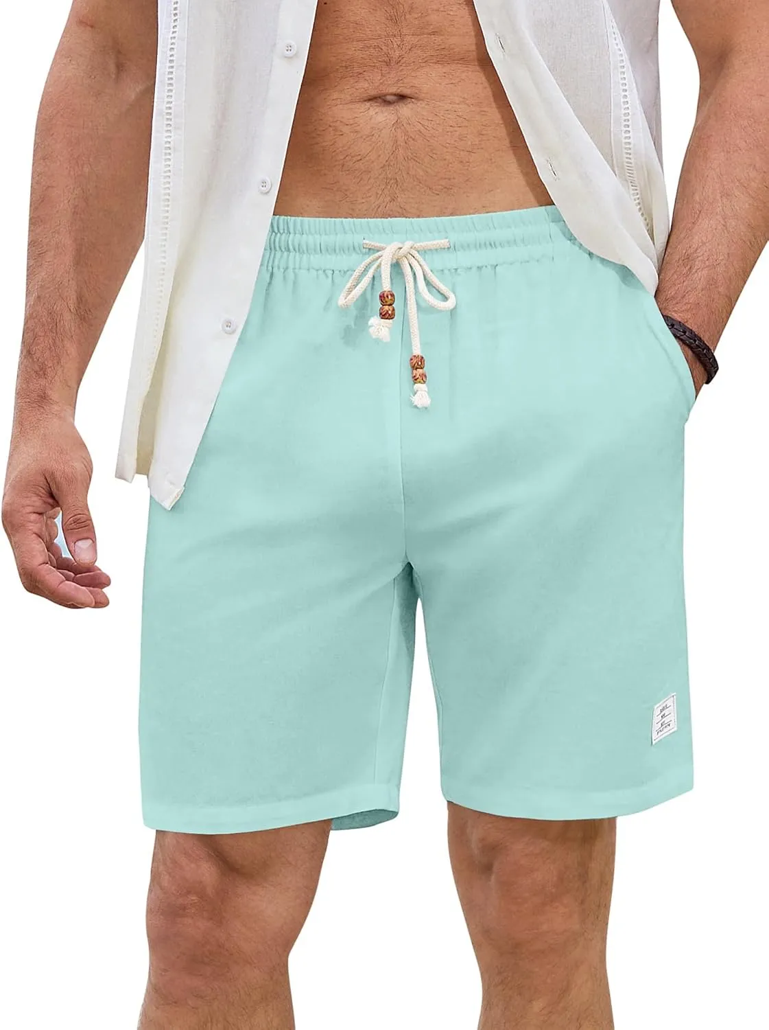 JMIERR Mens Shorts Linen Cotton 7" Casual Elastic Waist Drawstring Lightweight Summer Beach Shorts with Pockets