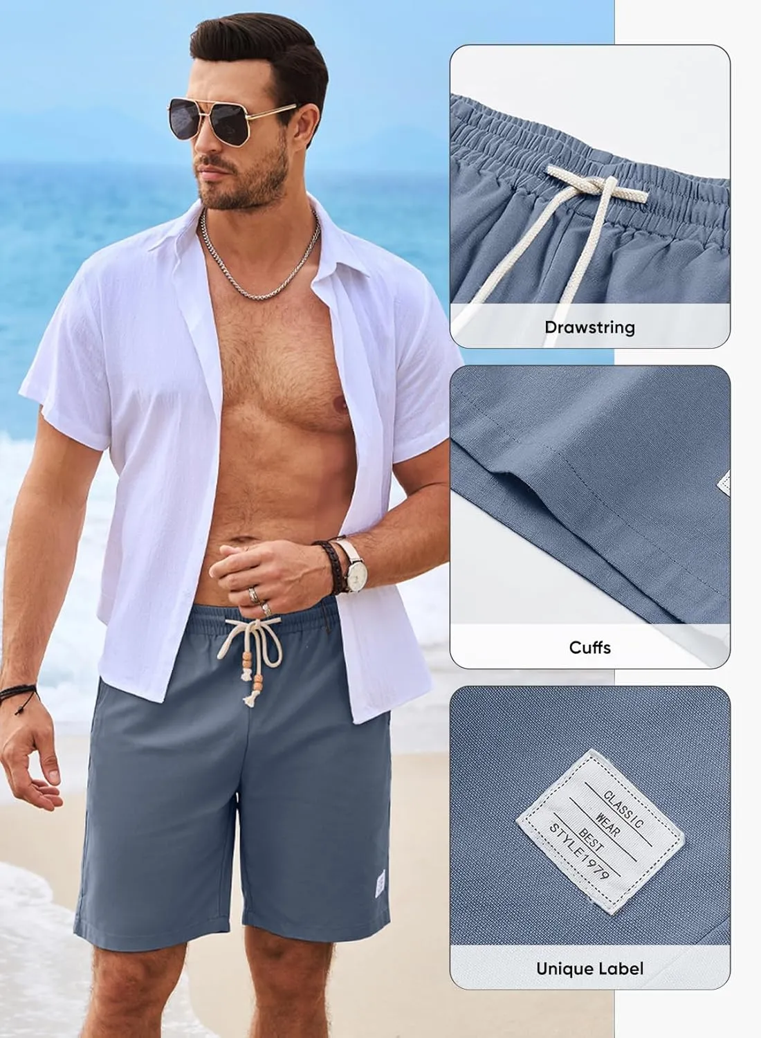 JMIERR Mens Shorts Linen Cotton 7" Casual Elastic Waist Drawstring Lightweight Summer Beach Shorts with Pockets
