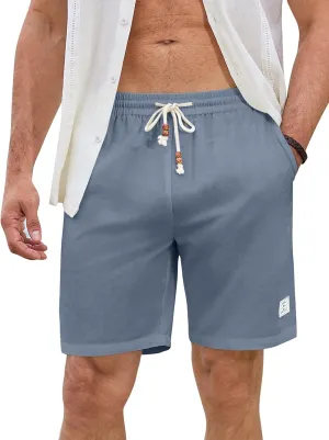 JMIERR Mens Shorts Linen Cotton 7" Casual Elastic Waist Drawstring Lightweight Summer Beach Shorts with Pockets