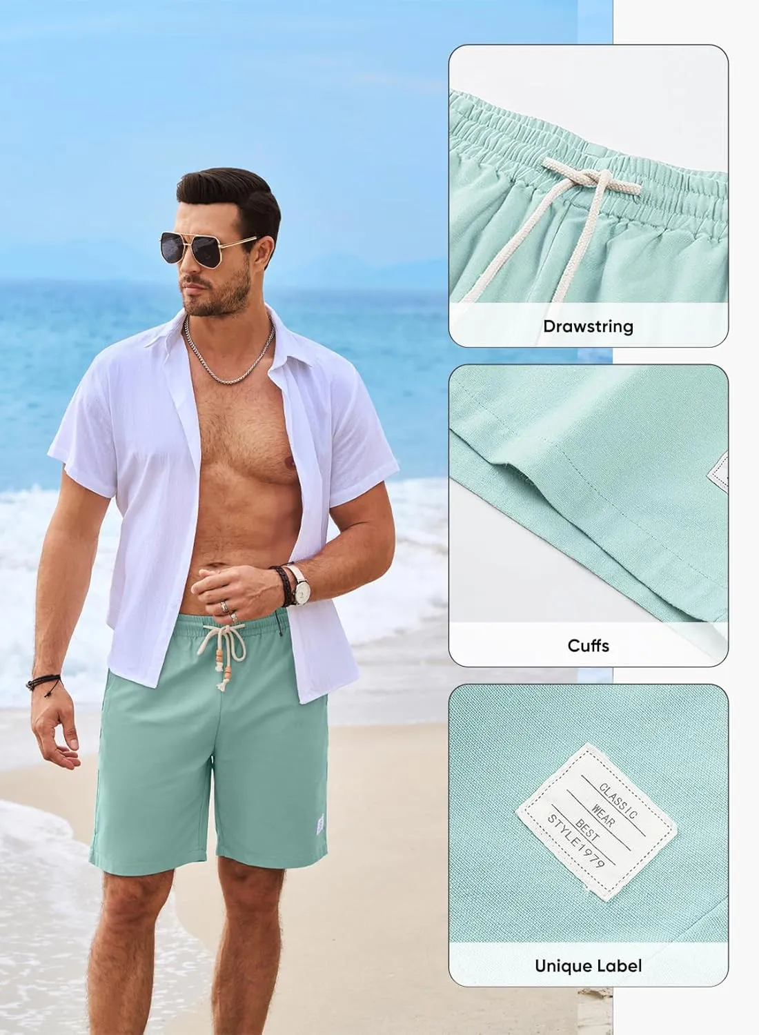 JMIERR Mens Shorts Linen Cotton 7" Casual Elastic Waist Drawstring Lightweight Summer Beach Shorts with Pockets