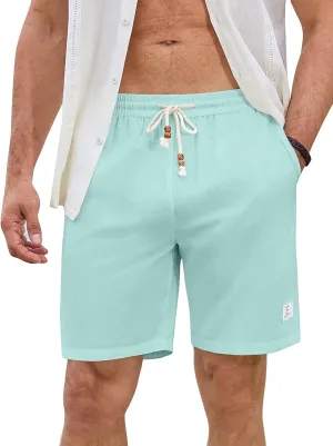 JMIERR Mens Shorts Linen Cotton 7" Casual Elastic Waist Drawstring Lightweight Summer Beach Shorts with Pockets