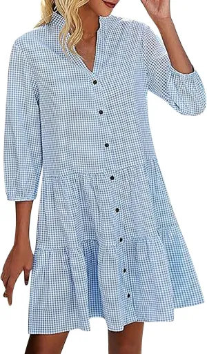 JOAU Women Summer Plaid Shirt Dresses Casual V Neck Button Down 3/4 Sleeve Loose Flowy Tiered Ruffle A-Line Knee Length Dress