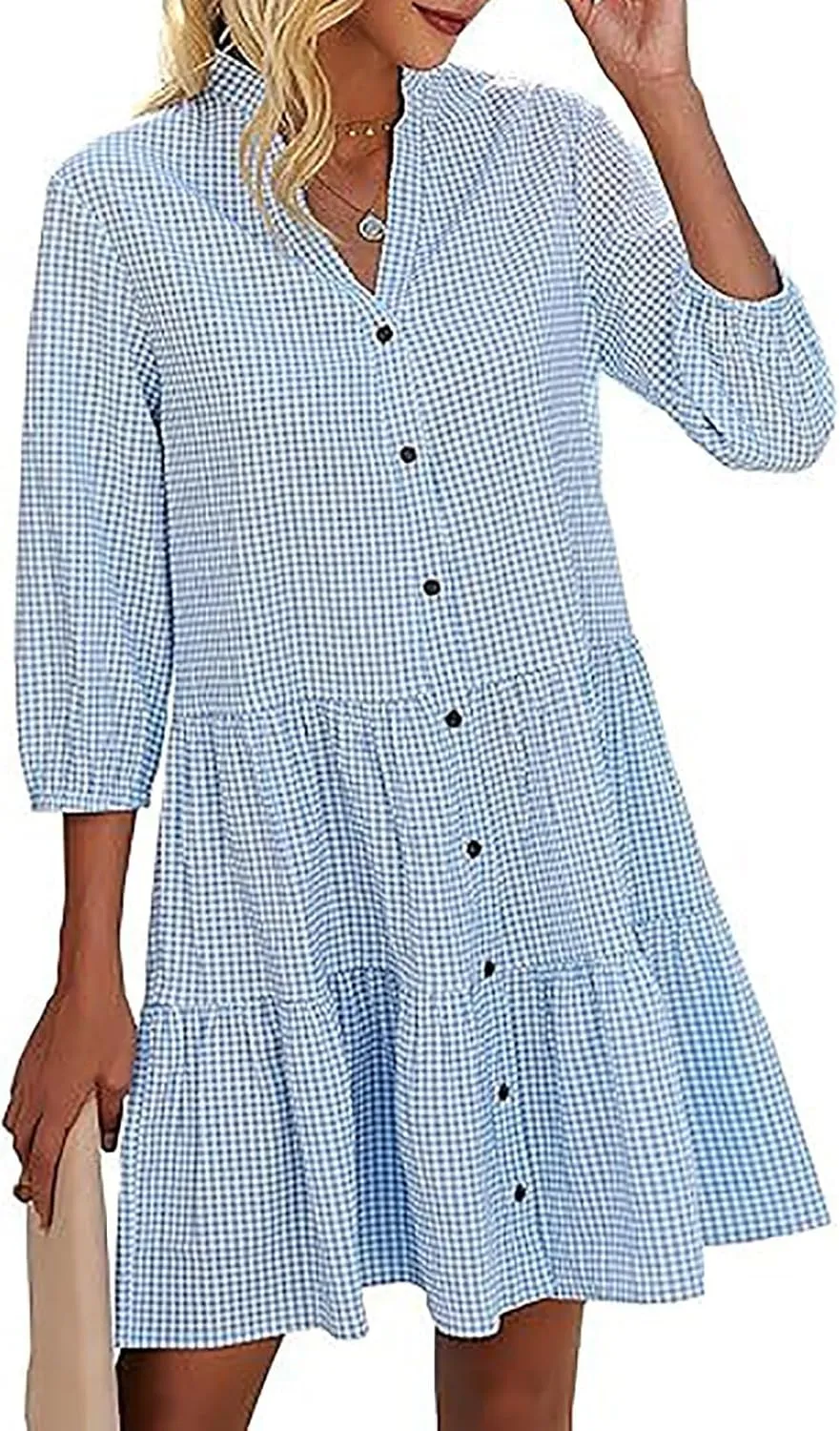JOAU Women Summer Plaid Shirt Dresses Casual V Neck Button Down 3/4 Sleeve Loose Flowy Tiered Ruffle A-Line Knee Length Dress