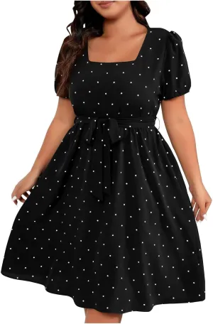 JOAU Womens Plus Size Square Neck Puff Short Sleeve High Waist Polka Dots Belted Midi Dress Cute Swing A-Line Babydoll Dress