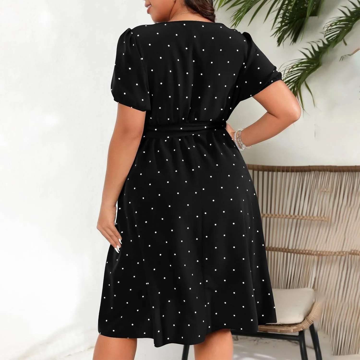 JOAU Womens Plus Size Square Neck Puff Short Sleeve High Waist Polka Dots Belted Midi Dress Cute Swing A-Line Babydoll Dress