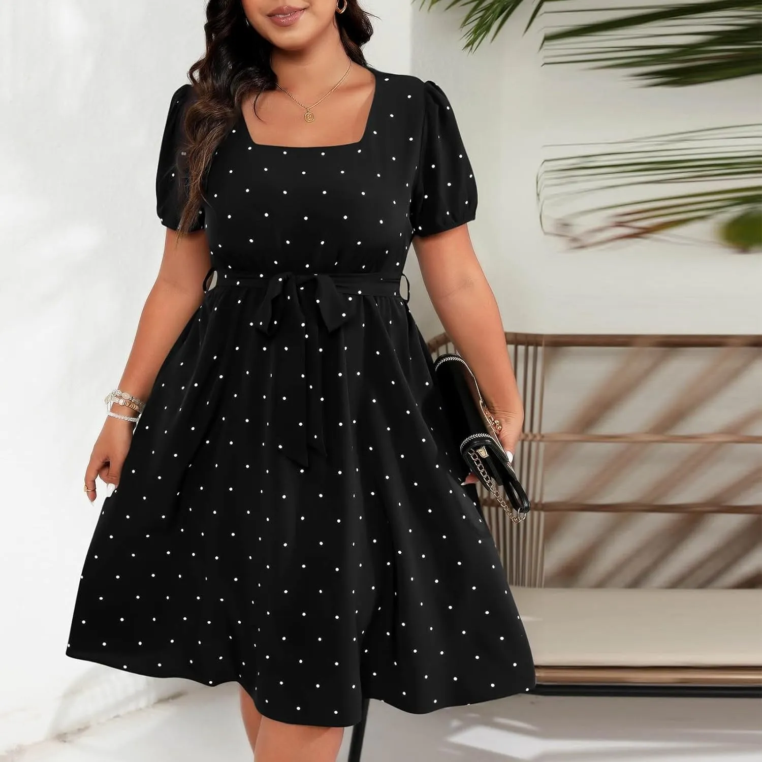 JOAU Womens Plus Size Square Neck Puff Short Sleeve High Waist Polka Dots Belted Midi Dress Cute Swing A-Line Babydoll Dress