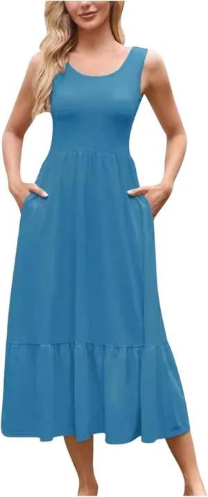 JOAU Womens Summer Casual Crew Neck A Line Mini Tank Dress Flowy Sleeveless Ruffle Hem Sundresses Beach Vacation Outfits