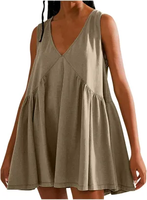 jsaierl Women Summer Sleeveless Short Dress Oversized Loose Fit Pleated Mini Dress V Neck A Line Flowy Swing Solid Cami Dress