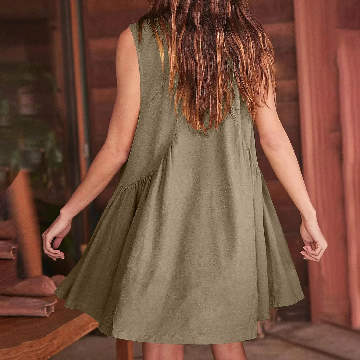 jsaierl Women Summer Sleeveless Short Dress Oversized Loose Fit Pleated Mini Dress V Neck A Line Flowy Swing Solid Cami Dress