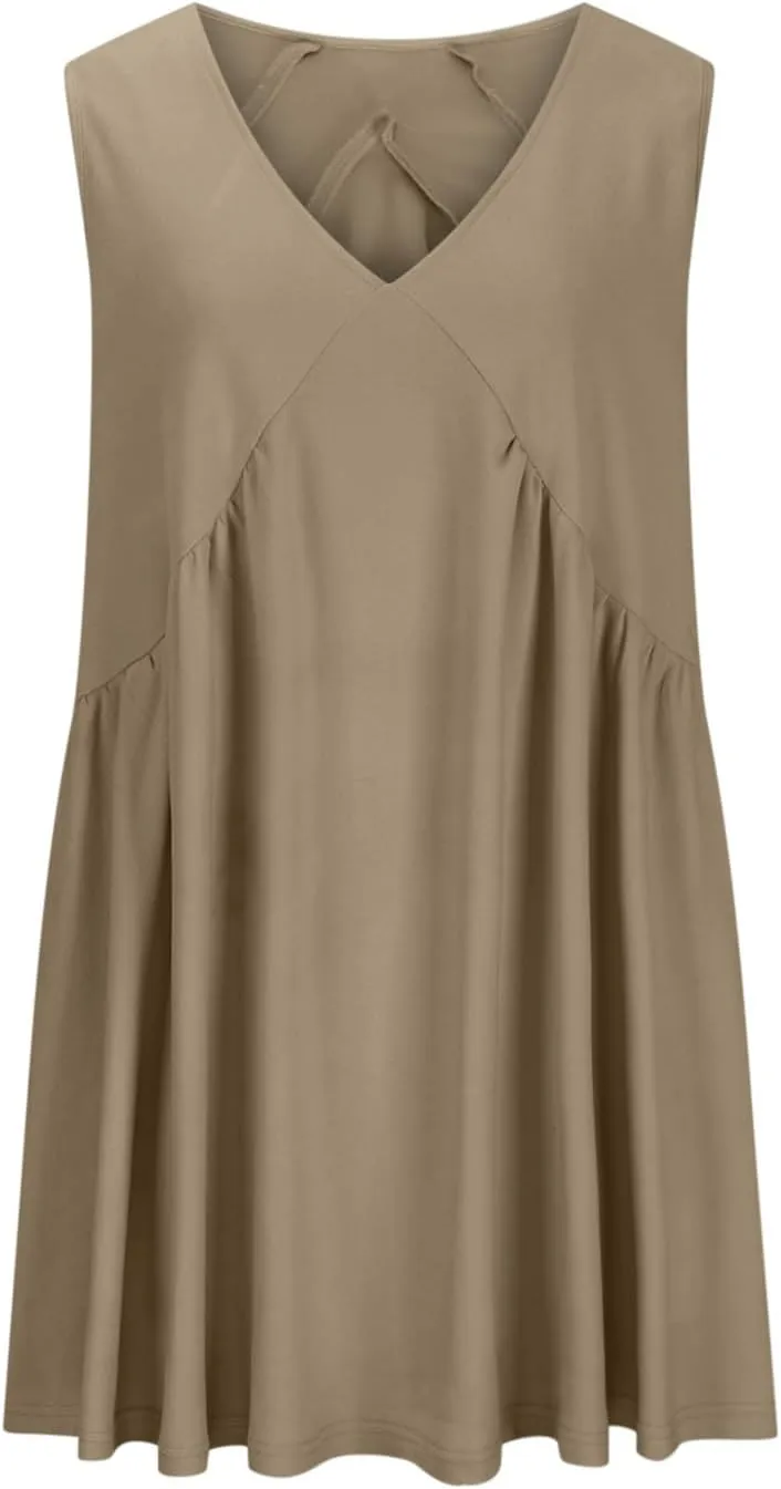 jsaierl Women Summer Sleeveless Short Dress Oversized Loose Fit Pleated Mini Dress V Neck A Line Flowy Swing Solid Cami Dress