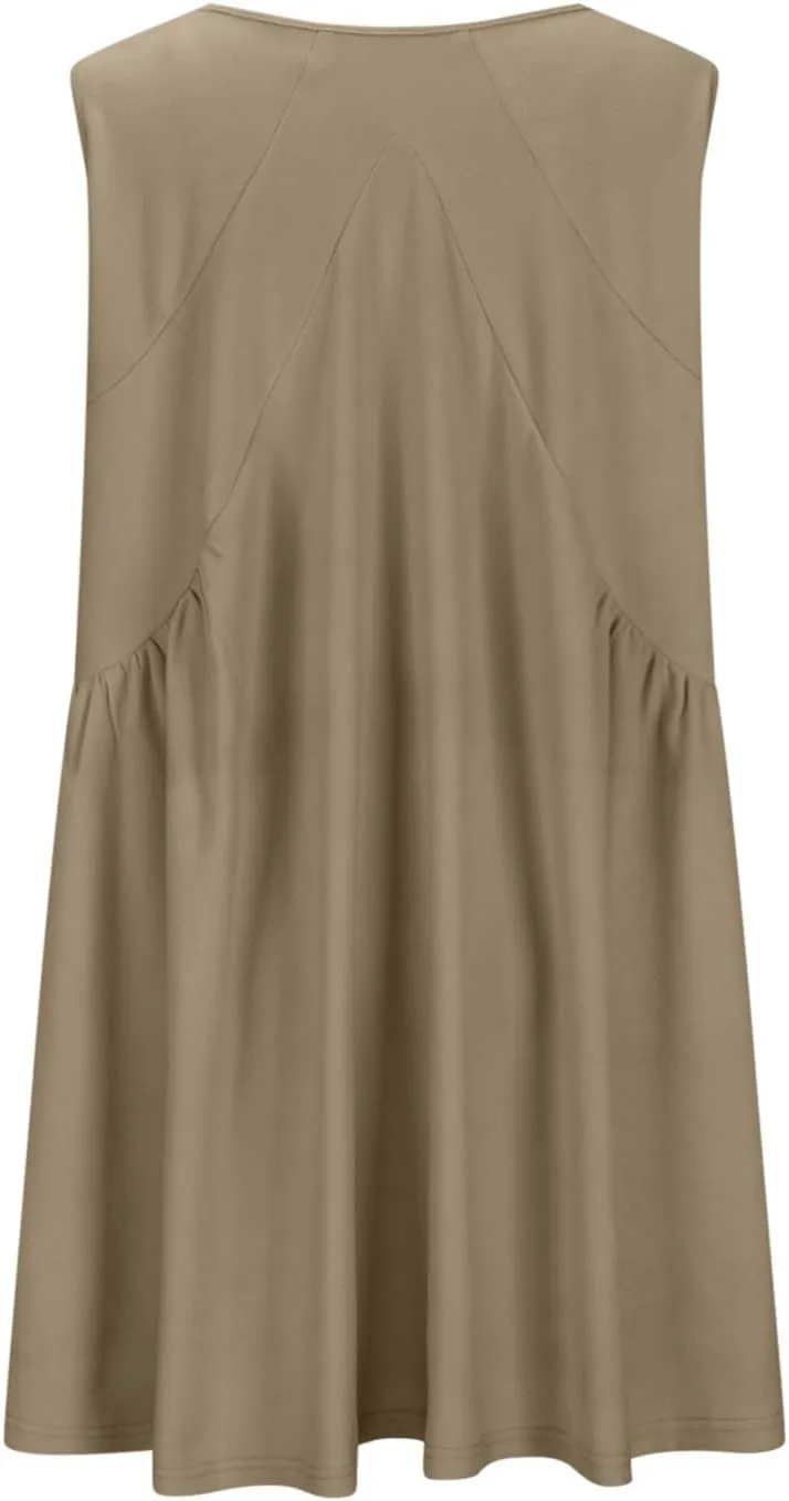 jsaierl Women Summer Sleeveless Short Dress Oversized Loose Fit Pleated Mini Dress V Neck A Line Flowy Swing Solid Cami Dress
