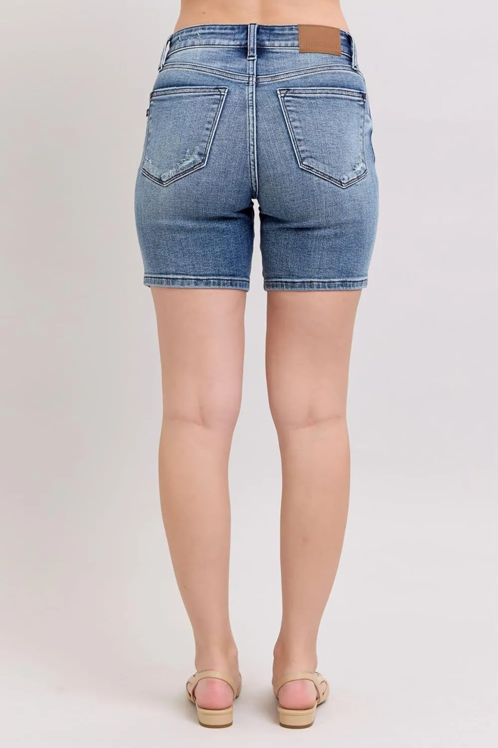 Judy Blue Button Fly Mid-Length Distressed Denim Shorts for Women Fabric | Casual Summer Shorts - 15297