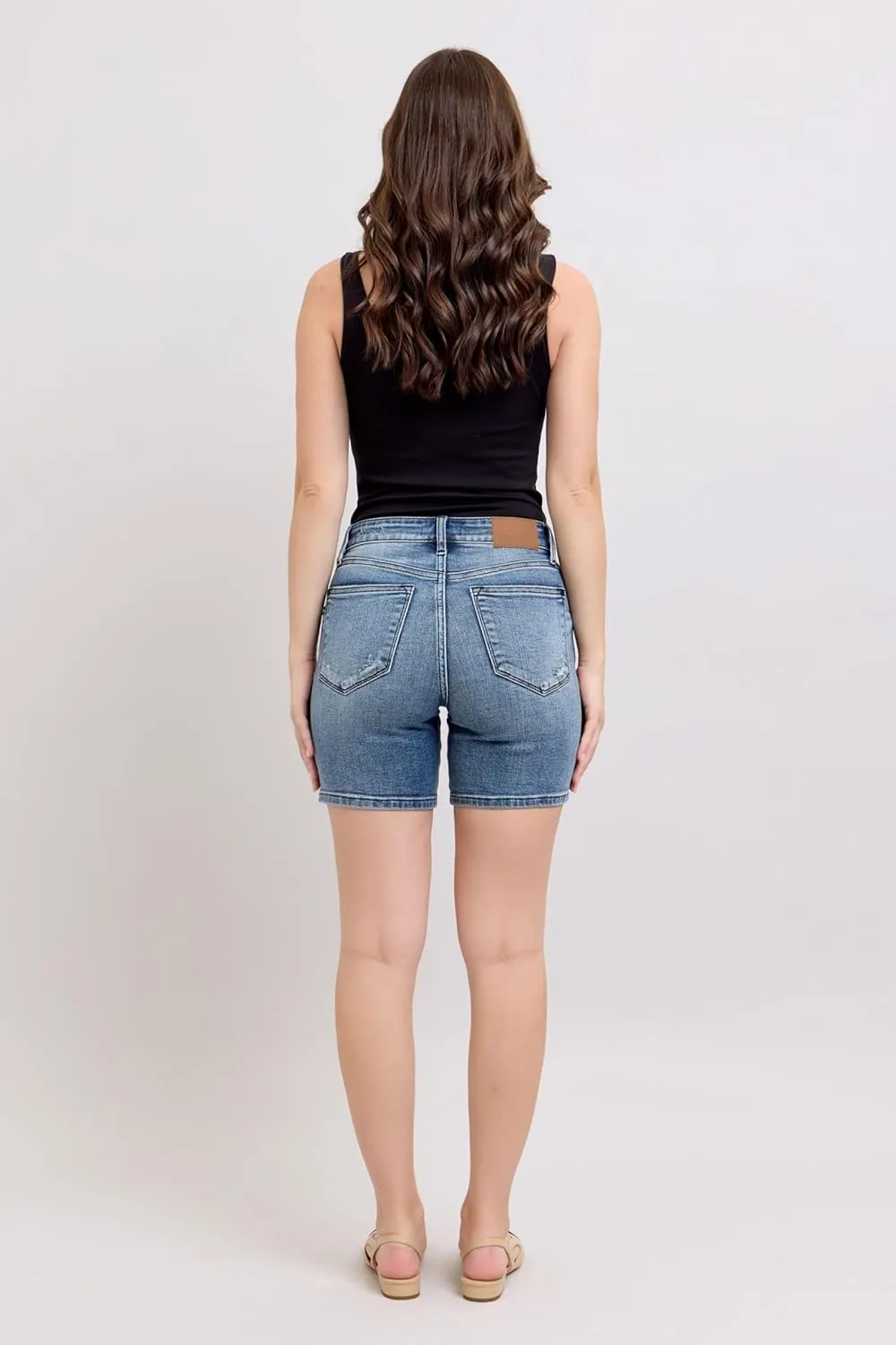 Judy Blue Button Fly Mid-Length Distressed Denim Shorts for Women Fabric | Casual Summer Shorts - 15297