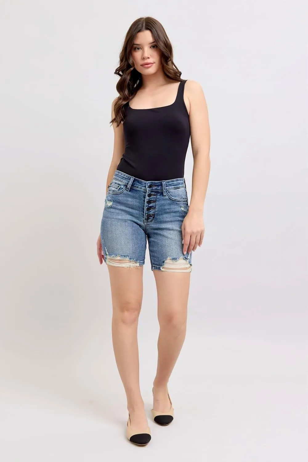 Judy Blue Button Fly Mid-Length Distressed Denim Shorts for Women Fabric | Casual Summer Shorts - 15297