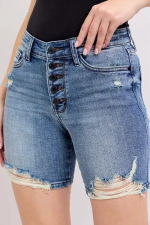 Judy Blue Button Fly Mid-Length Distressed Denim Shorts for Women Fabric | Casual Summer Shorts - 15297