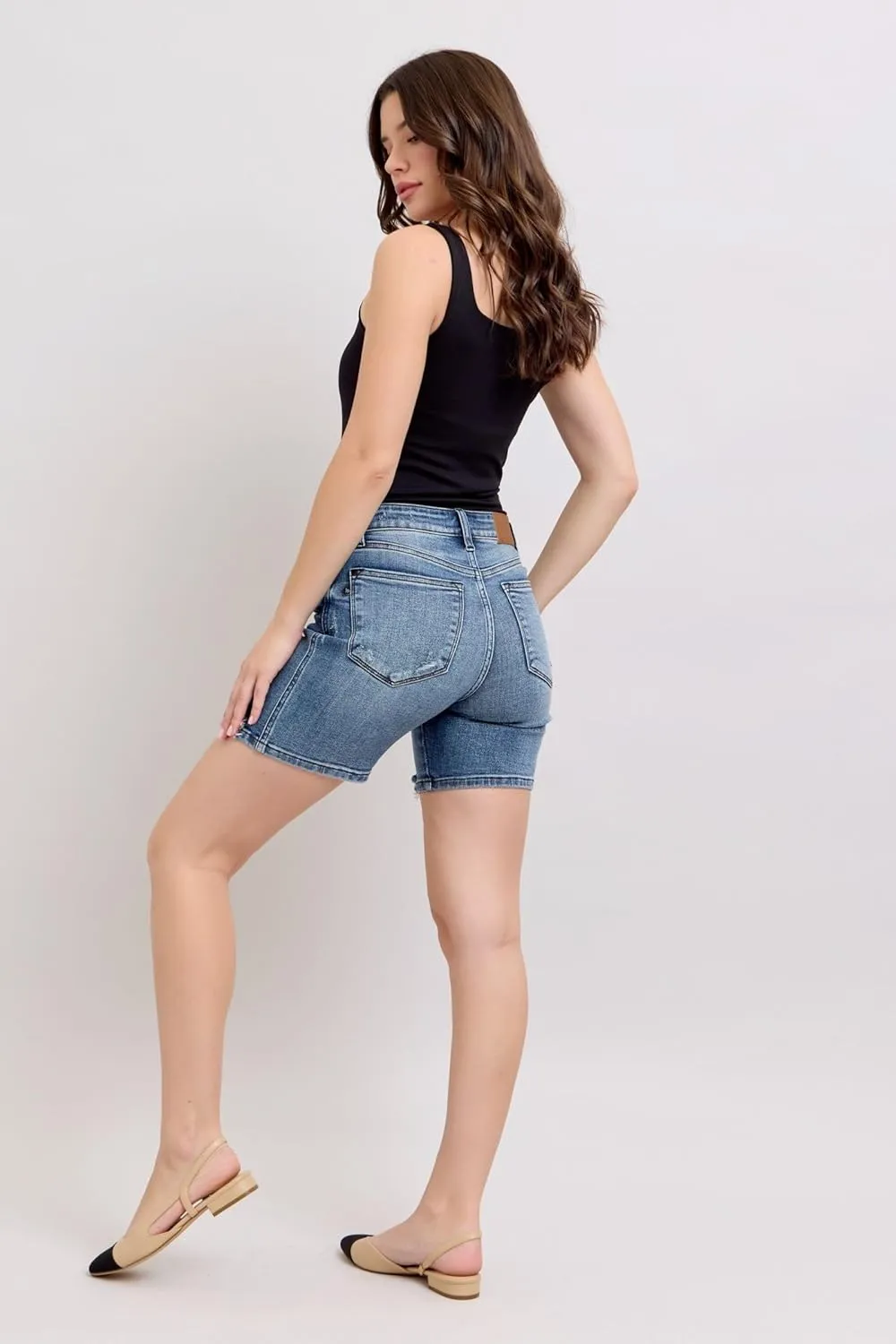 Judy Blue Button Fly Mid-Length Distressed Denim Shorts for Women Fabric | Casual Summer Shorts - 15297