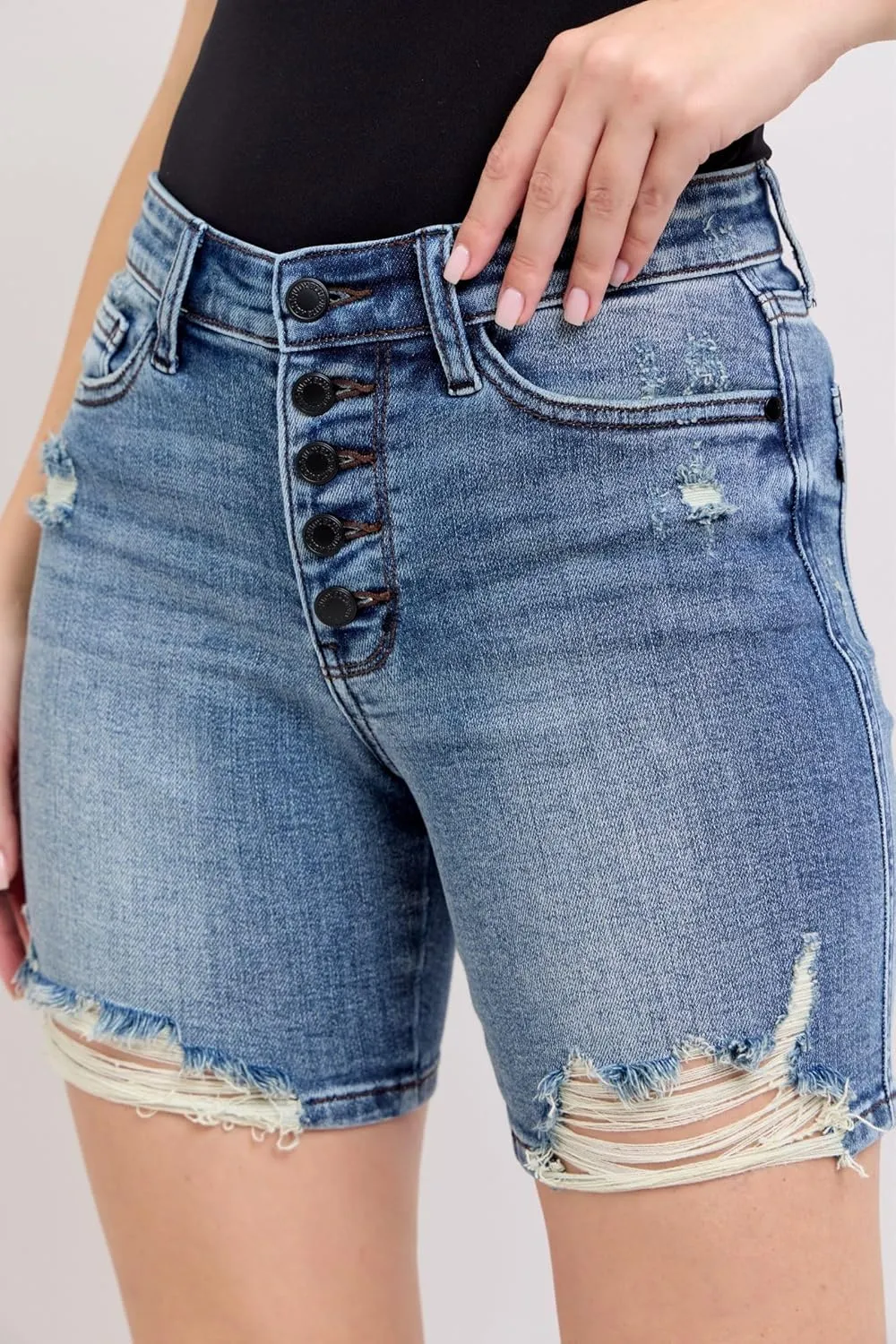 Judy Blue Button Fly Mid-Length Distressed Denim Shorts for Women Fabric | Casual Summer Shorts - 15297
