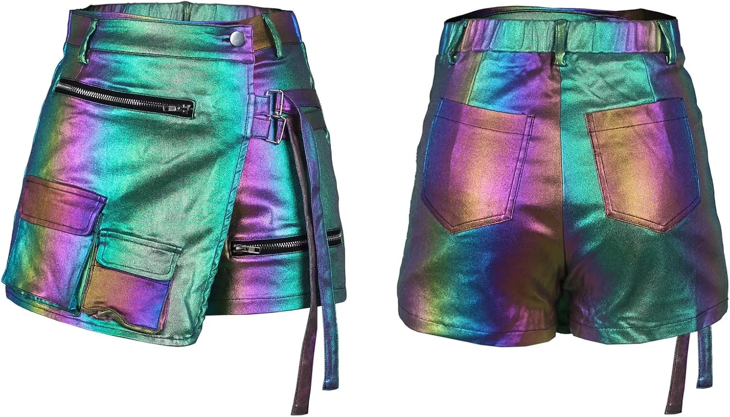 KANSOON Women Leather Shorts Metallic High Waisted Cargo Skort Sexy Rave Asymmetrical Skirt Skorts