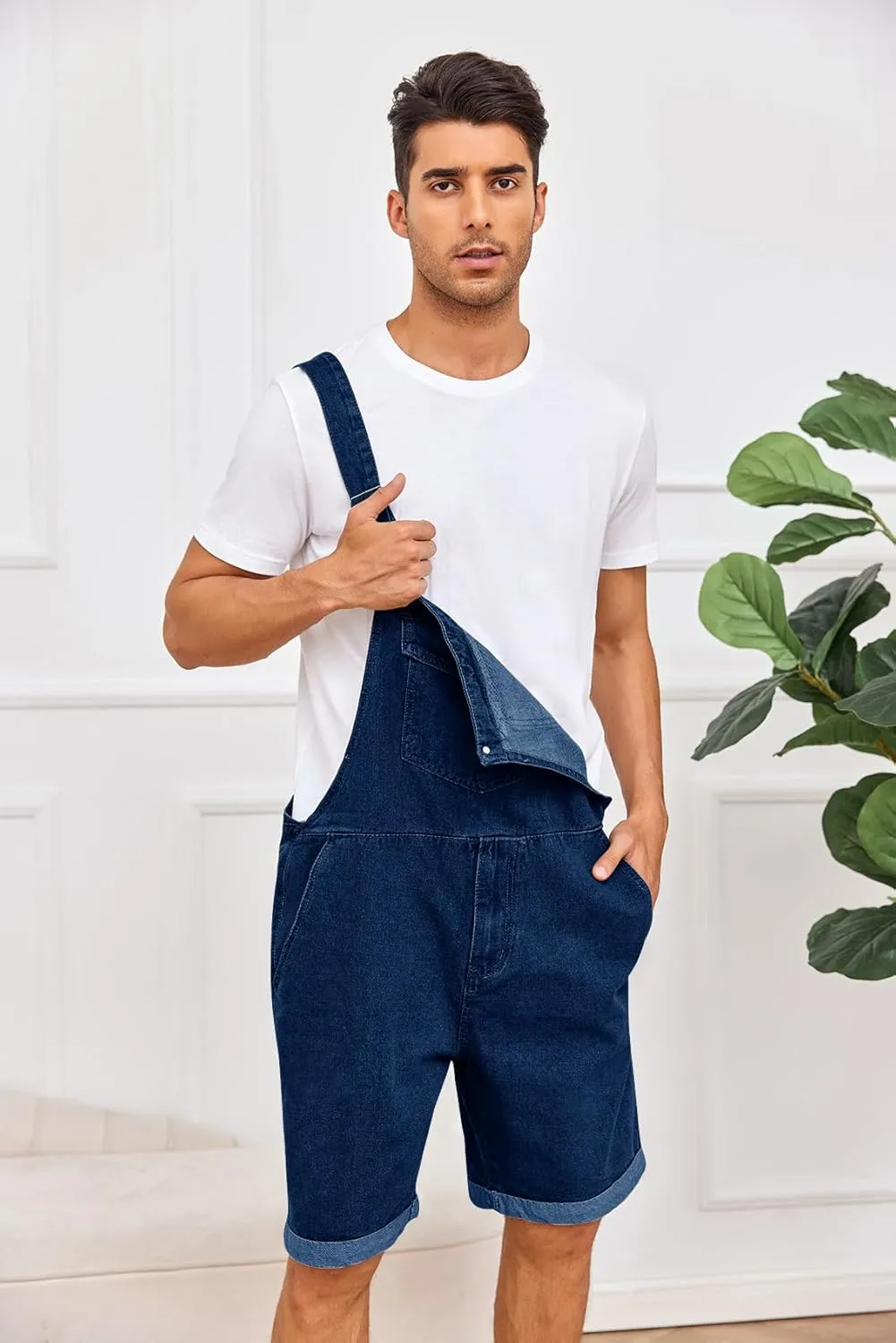 Karlywindow Mens Denim Bib Overall Shorts Loose Fit Summer Walk Shorts Above Knee Length Shortalls Jumpsuit Rompers