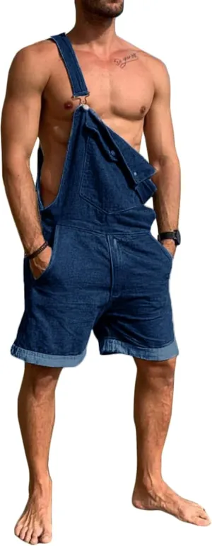 Karlywindow Mens Denim Bib Overall Shorts Loose Fit Summer Walk Shorts Above Knee Length Shortalls Jumpsuit Rompers