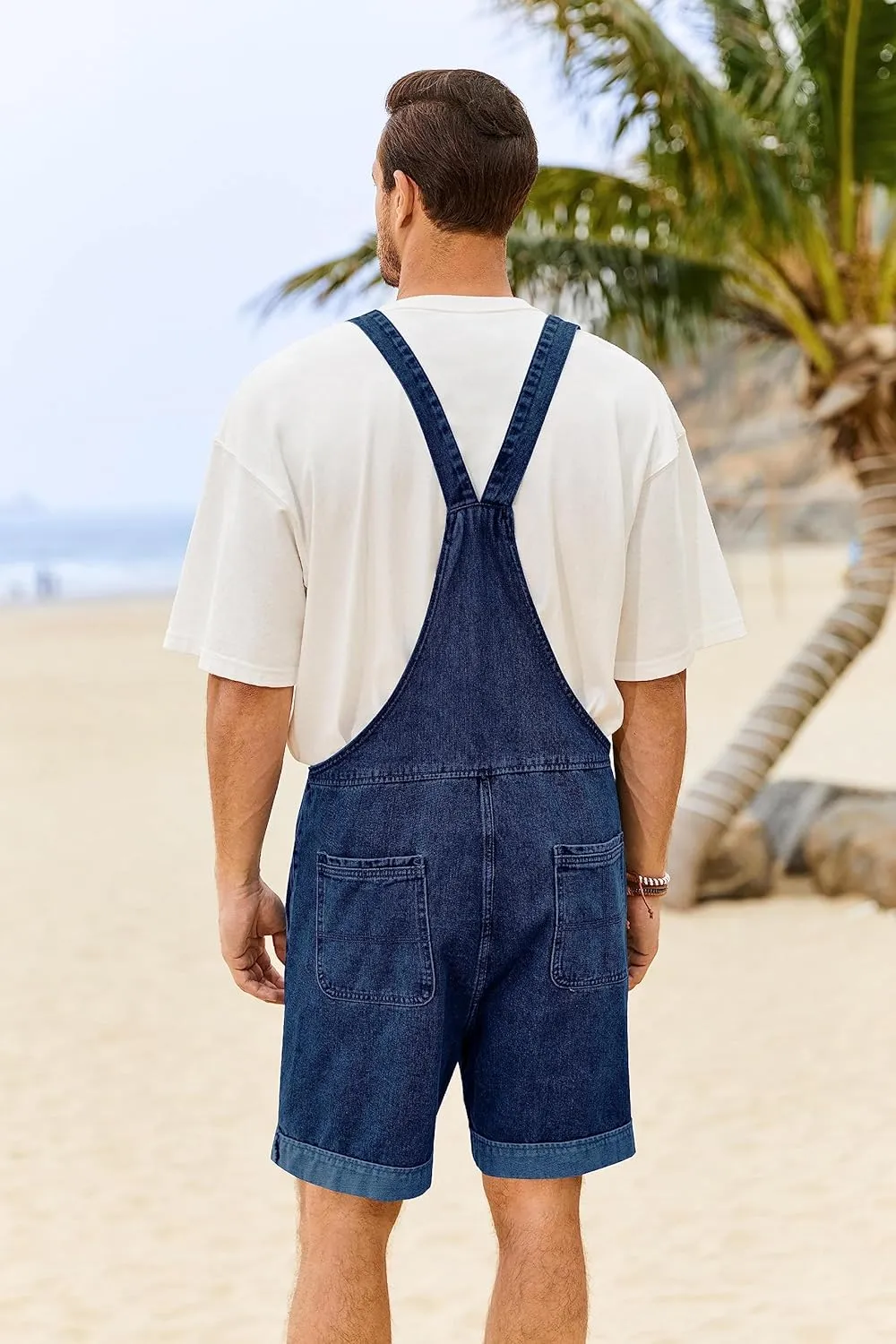 Karlywindow Mens Denim Bib Overall Shorts Loose Fit Summer Walk Shorts Above Knee Length Shortalls Jumpsuit Rompers