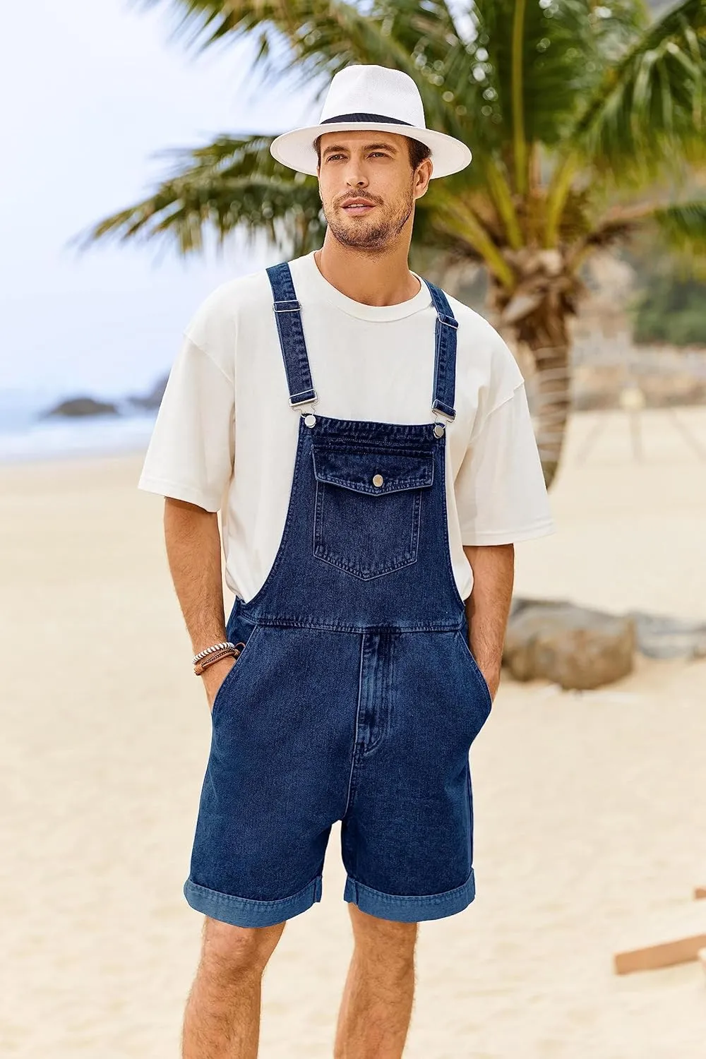 Karlywindow Mens Denim Bib Overall Shorts Loose Fit Summer Walk Shorts Above Knee Length Shortalls Jumpsuit Rompers