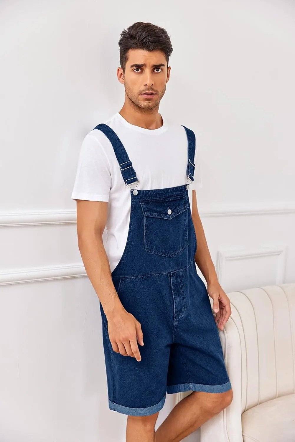 Karlywindow Mens Denim Bib Overall Shorts Loose Fit Summer Walk Shorts Above Knee Length Shortalls Jumpsuit Rompers