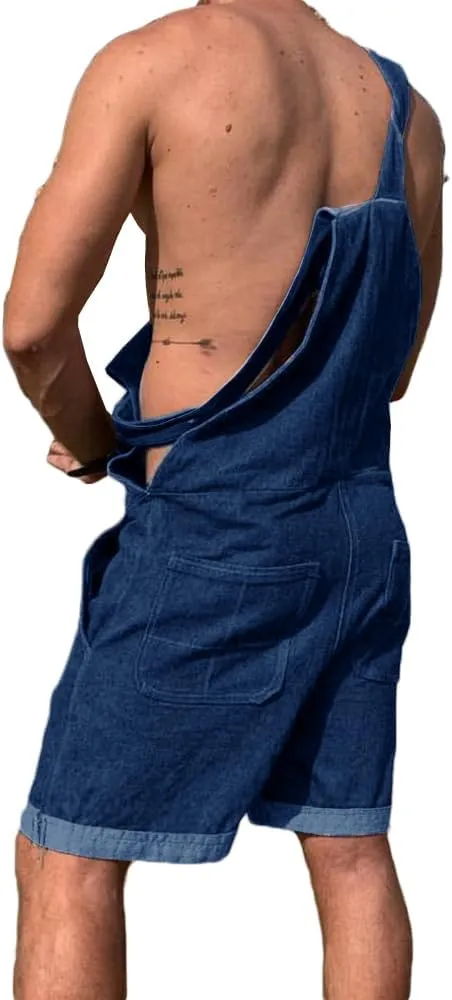 Karlywindow Mens Denim Bib Overall Shorts Loose Fit Summer Walk Shorts Above Knee Length Shortalls Jumpsuit Rompers