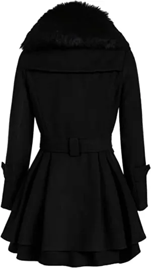 KELYWELL Women's Double Breasted Pea Coat Faux Fur Lapel Thick Wool Trench Jacket Winter Mid-Long Trench Coat with Belt