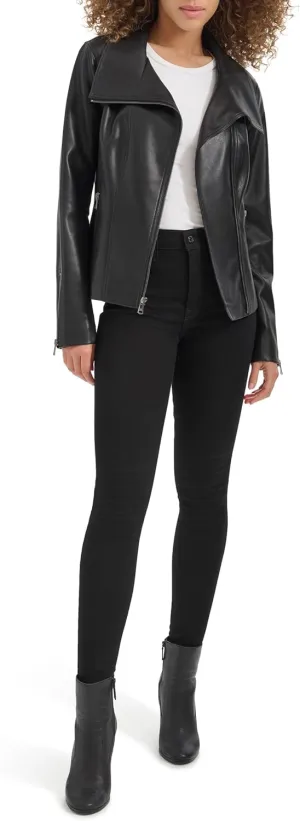 Kenneth Cole Women's Faux Leather Zip Jacket with Envelope Collar