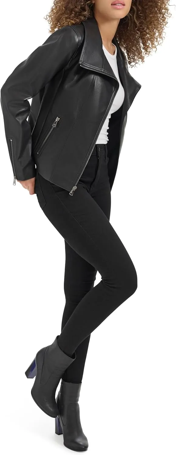 Kenneth Cole Women's Faux Leather Zip Jacket with Envelope Collar