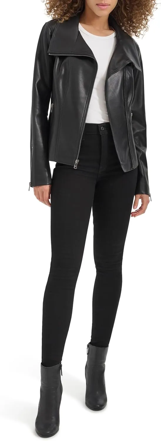Kenneth Cole Women's Faux Leather Zip Jacket with Envelope Collar