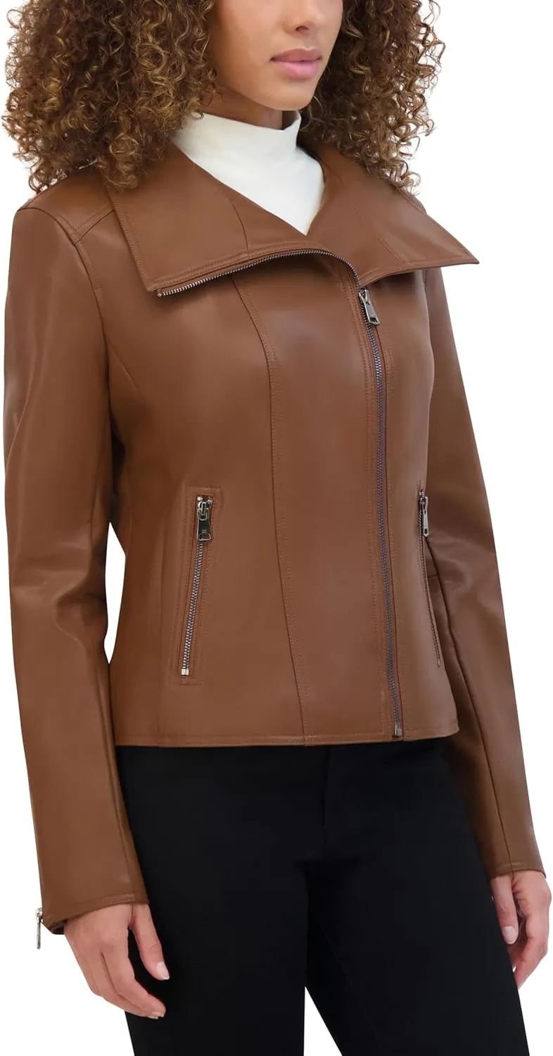 Kenneth Cole Women's Faux Leather Zip Jacket with Envelope Collar