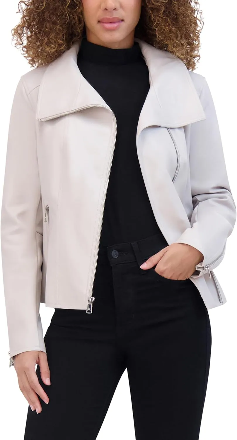 Kenneth Cole Women's Faux Leather Zip Jacket with Envelope Collar