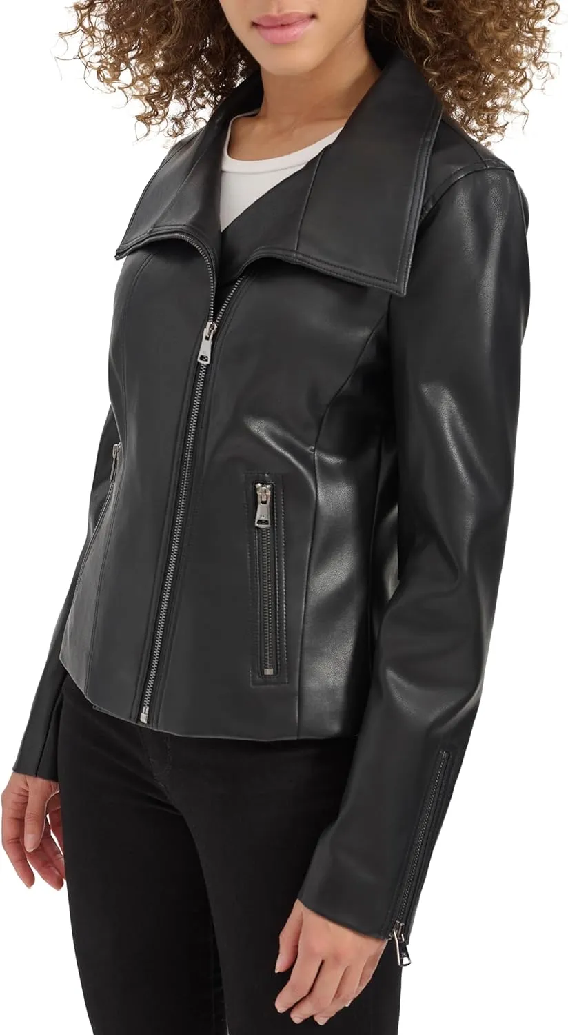Kenneth Cole Women's Faux Leather Zip Jacket with Envelope Collar