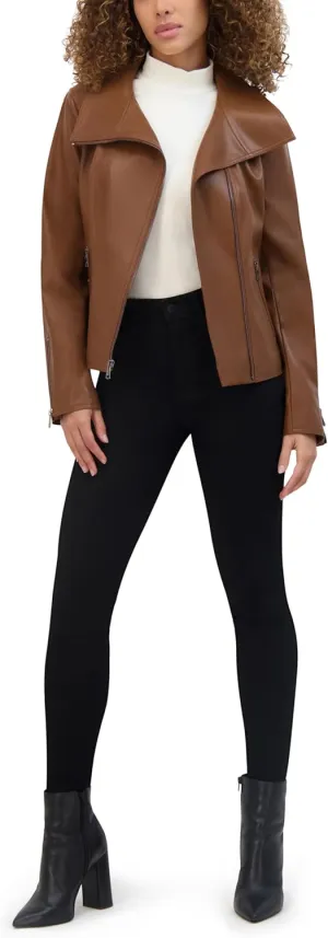 Kenneth Cole Women's Faux Leather Zip Jacket with Envelope Collar