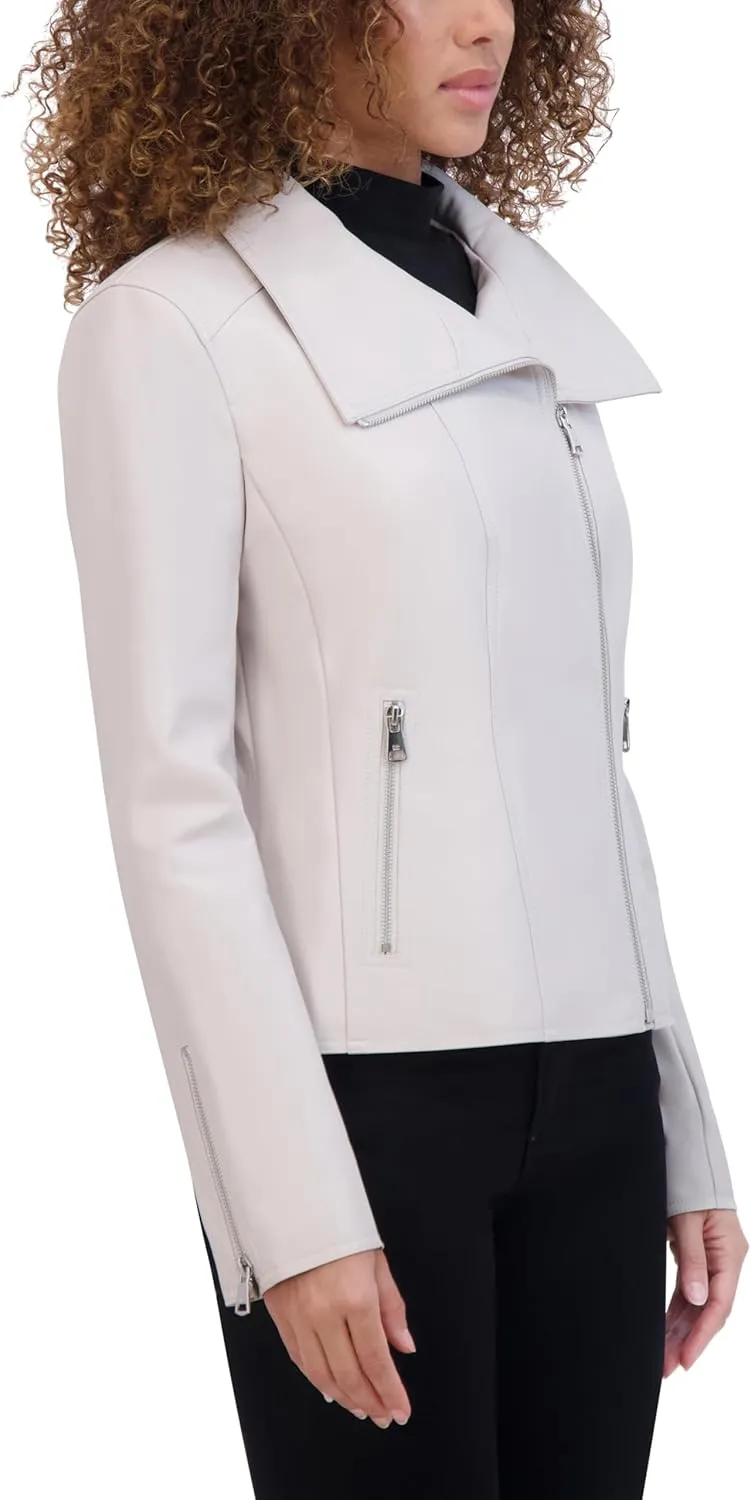 Kenneth Cole Women's Faux Leather Zip Jacket with Envelope Collar