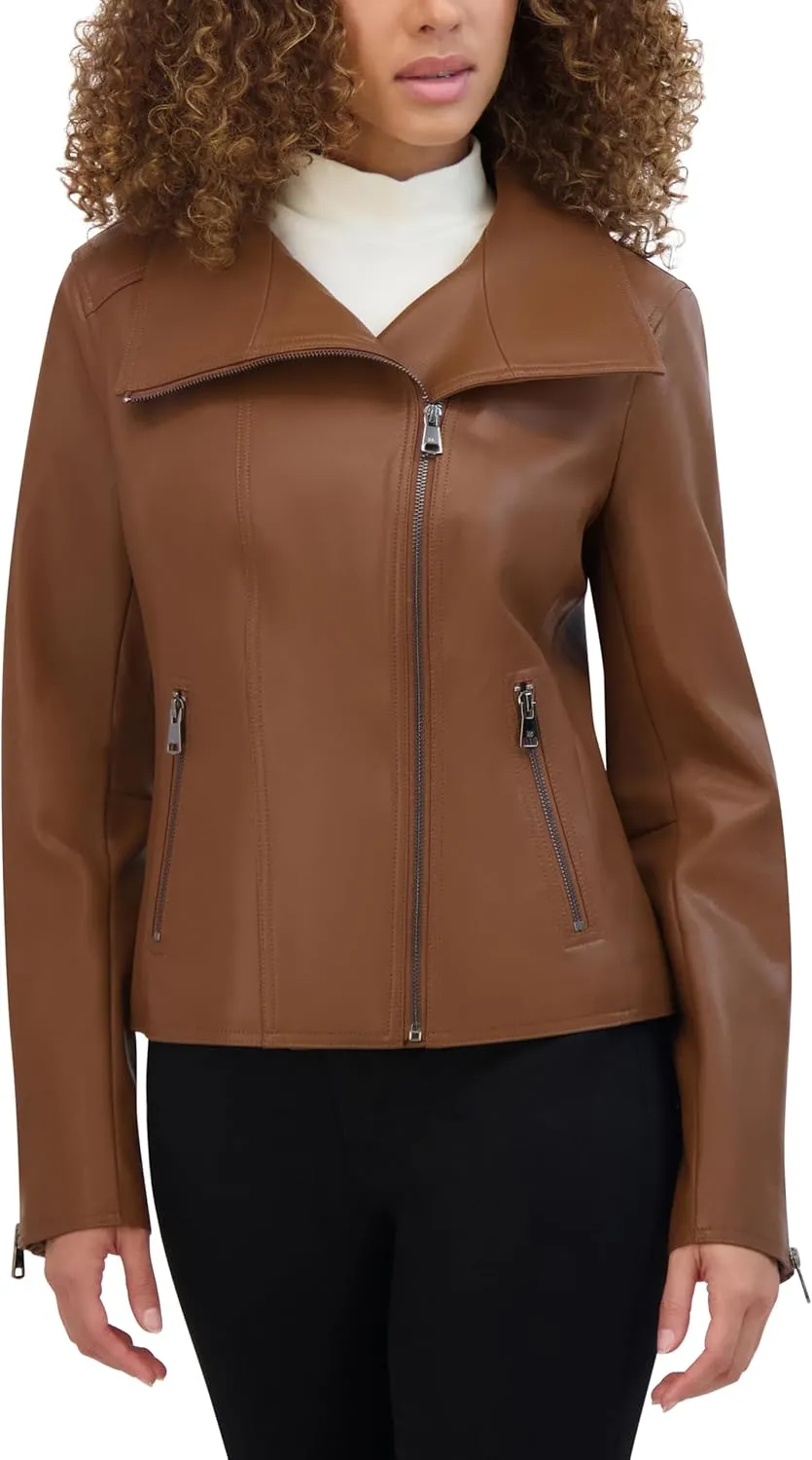 Kenneth Cole Women's Faux Leather Zip Jacket with Envelope Collar