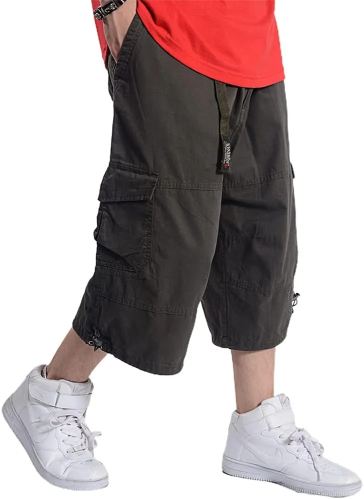 Kinghua Baggy Cargo Shorts for Men Elastic Waist Loose Fit Cotton Twill Below Knee Long Shorts