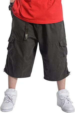 Kinghua Baggy Cargo Shorts for Men Elastic Waist Loose Fit Cotton Twill Below Knee Long Shorts
