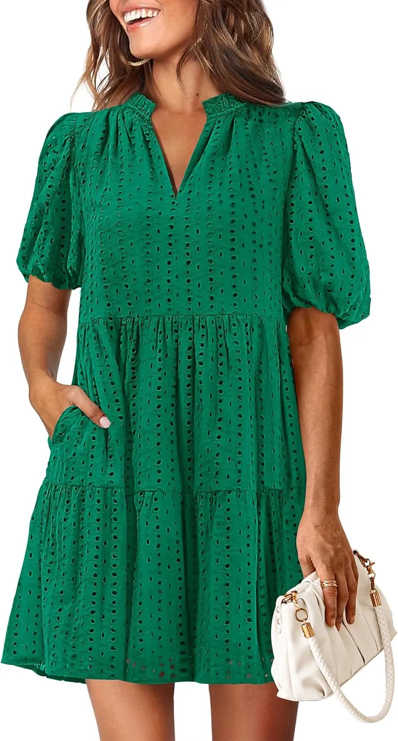 KIRUNDO Eyelet Summer Dresses for Women Mini Casual Hollow Out Short Sleeve Lace Tiered V Neck Shift Dress with Pockets