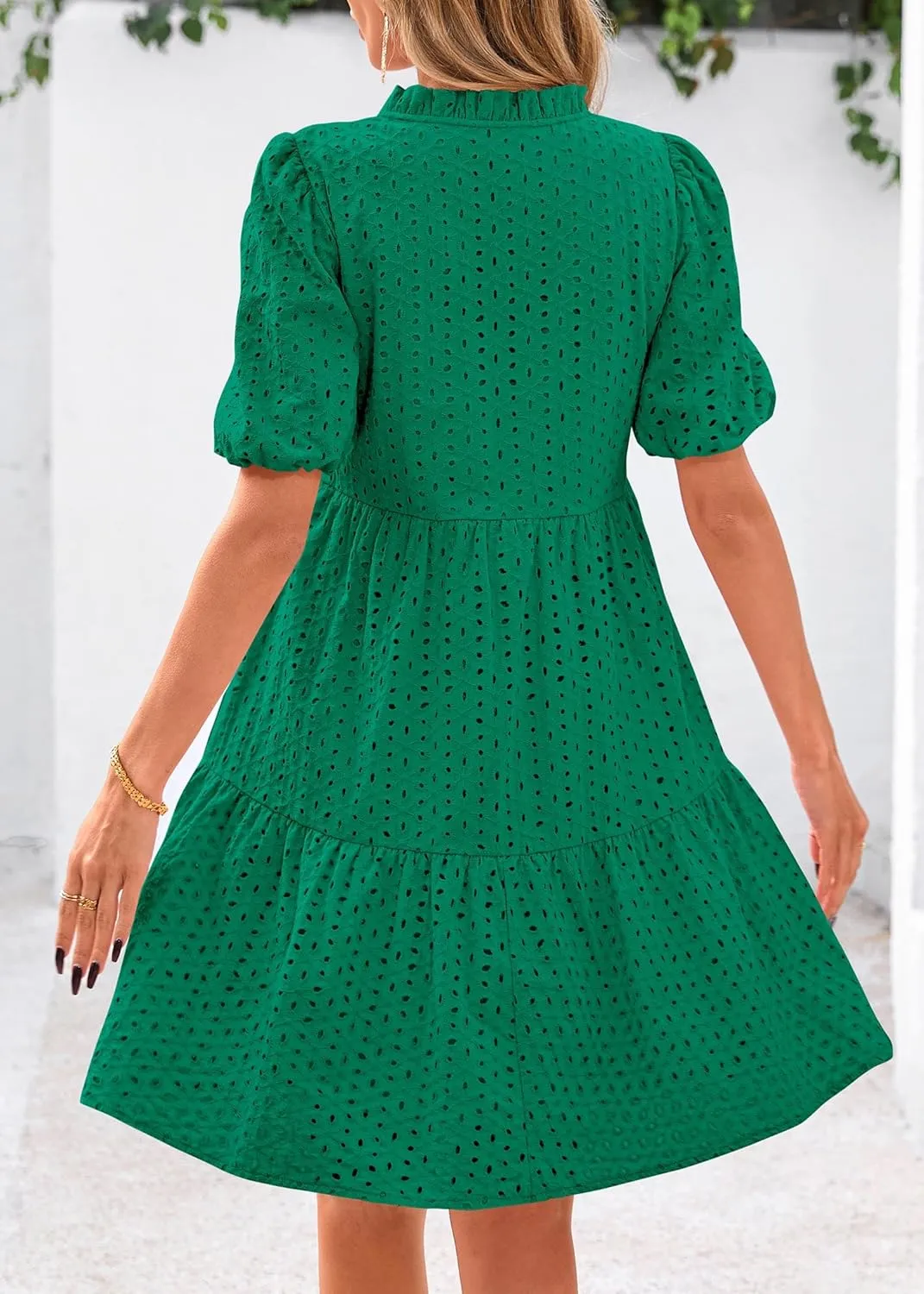 KIRUNDO Eyelet Summer Dresses for Women Mini Casual Hollow Out Short Sleeve Lace Tiered V Neck Shift Dress with Pockets