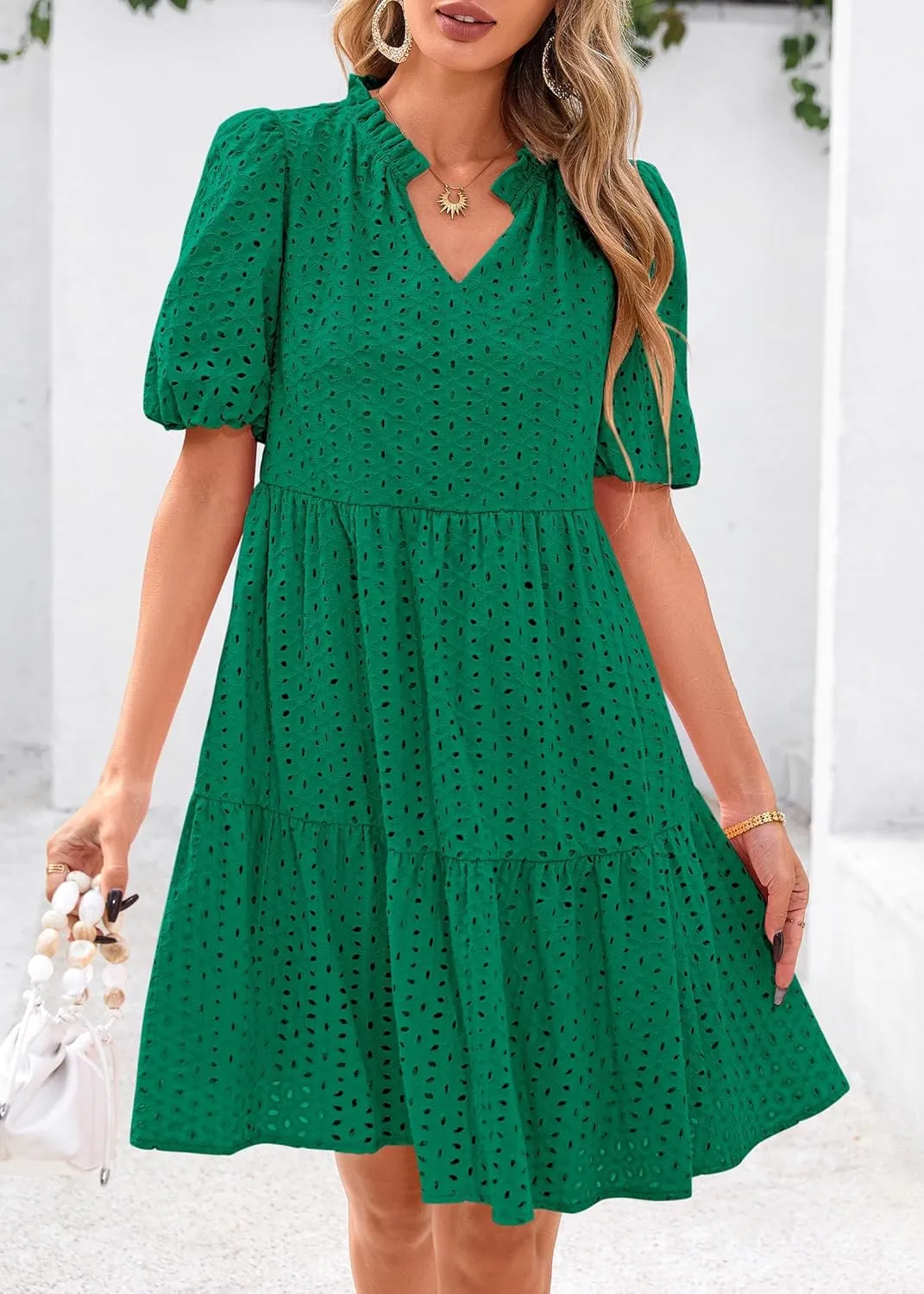 KIRUNDO Eyelet Summer Dresses for Women Mini Casual Hollow Out Short Sleeve Lace Tiered V Neck Shift Dress with Pockets
