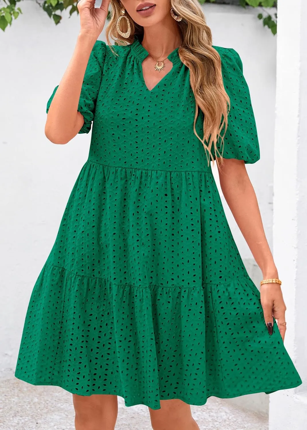 KIRUNDO Eyelet Summer Dresses for Women Mini Casual Hollow Out Short Sleeve Lace Tiered V Neck Shift Dress with Pockets