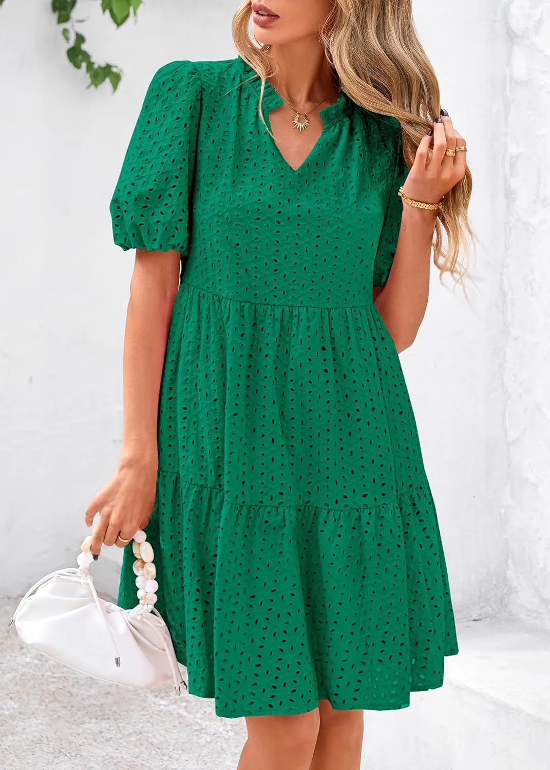 KIRUNDO Eyelet Summer Dresses for Women Mini Casual Hollow Out Short Sleeve Lace Tiered V Neck Shift Dress with Pockets
