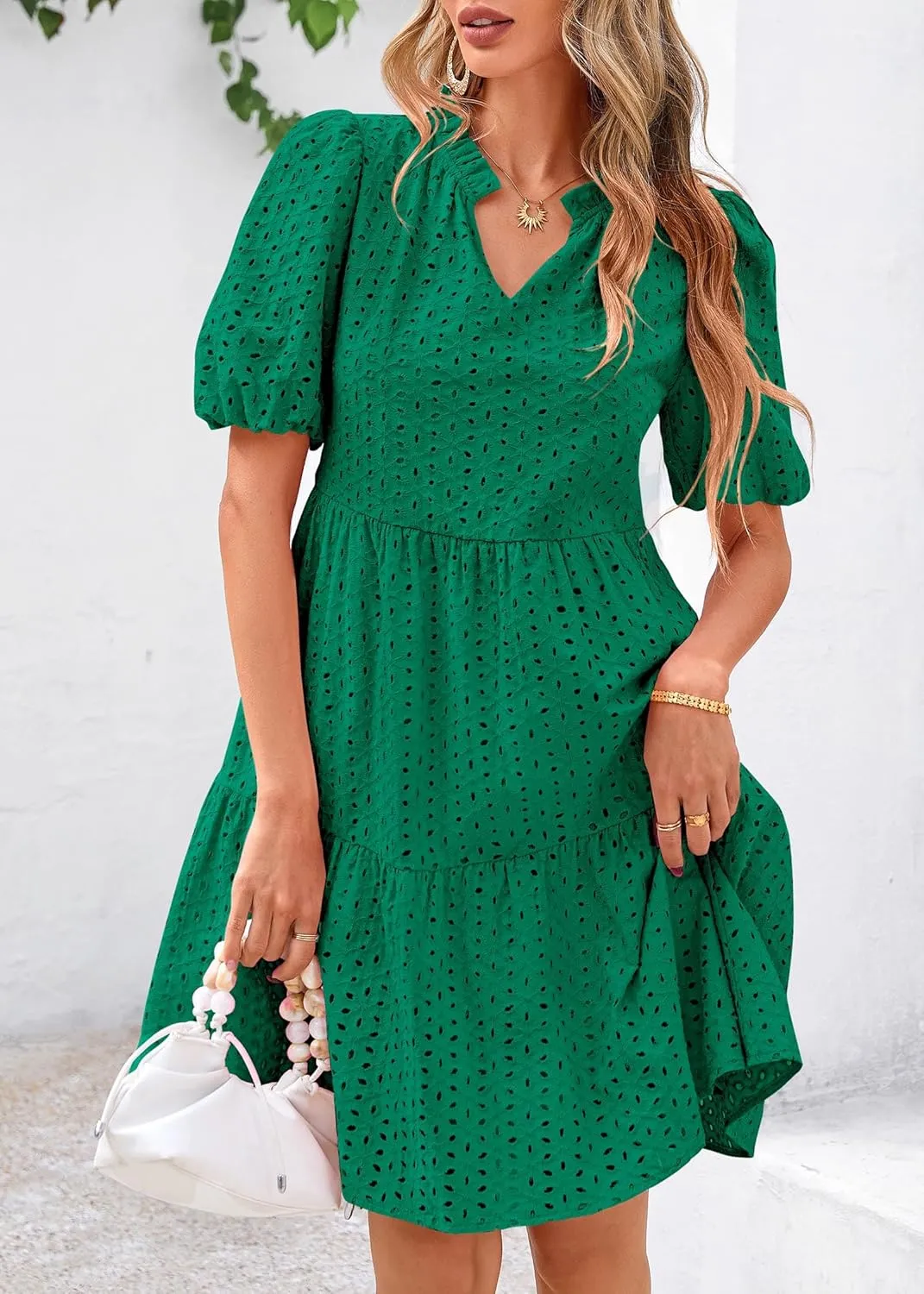 KIRUNDO Eyelet Summer Dresses for Women Mini Casual Hollow Out Short Sleeve Lace Tiered V Neck Shift Dress with Pockets