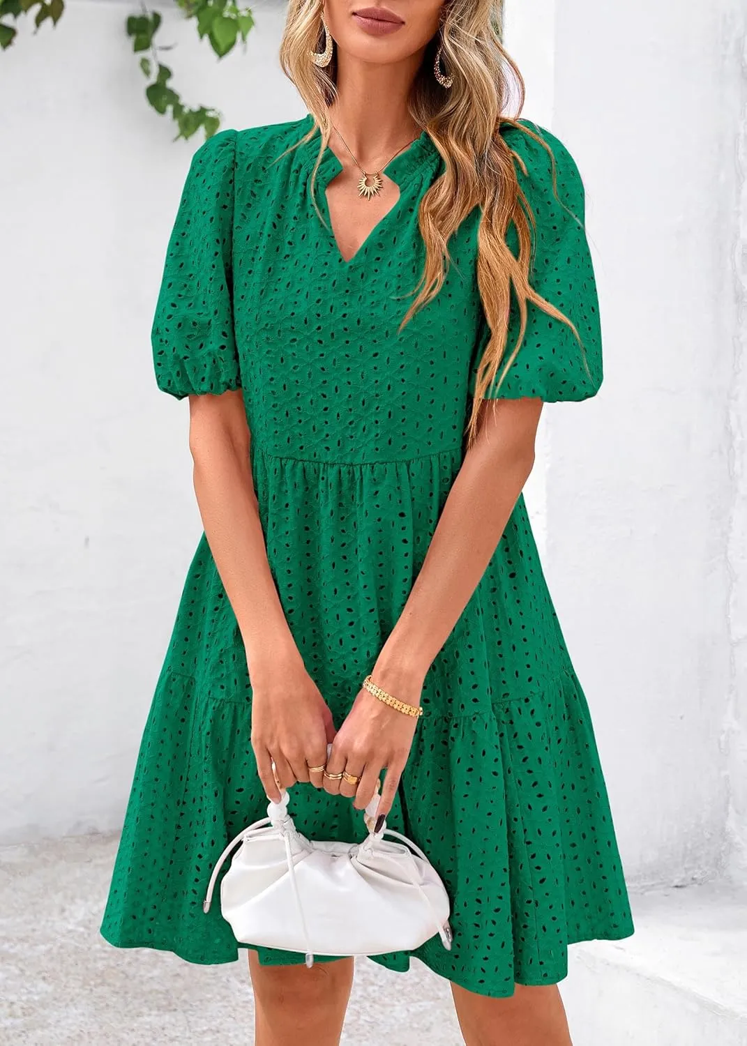 KIRUNDO Eyelet Summer Dresses for Women Mini Casual Hollow Out Short Sleeve Lace Tiered V Neck Shift Dress with Pockets