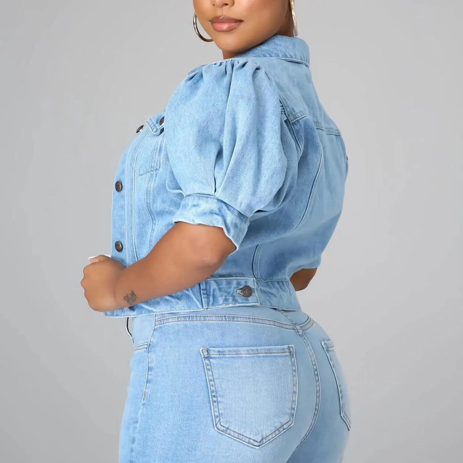 Kissonic Women's Puff Short Sleeve Denim Jacket Cropped Button Down Jean Coat