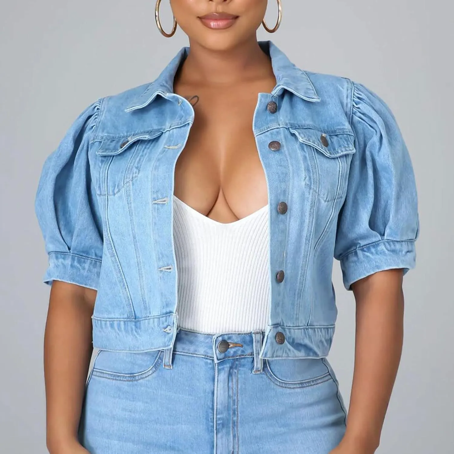 Kissonic Women's Puff Short Sleeve Denim Jacket Cropped Button Down Jean Coat